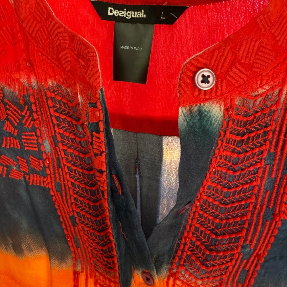 Desigual Red and Orange Tie-Dye Style Embroidered Beaded Blouse - Picture 4 of 7